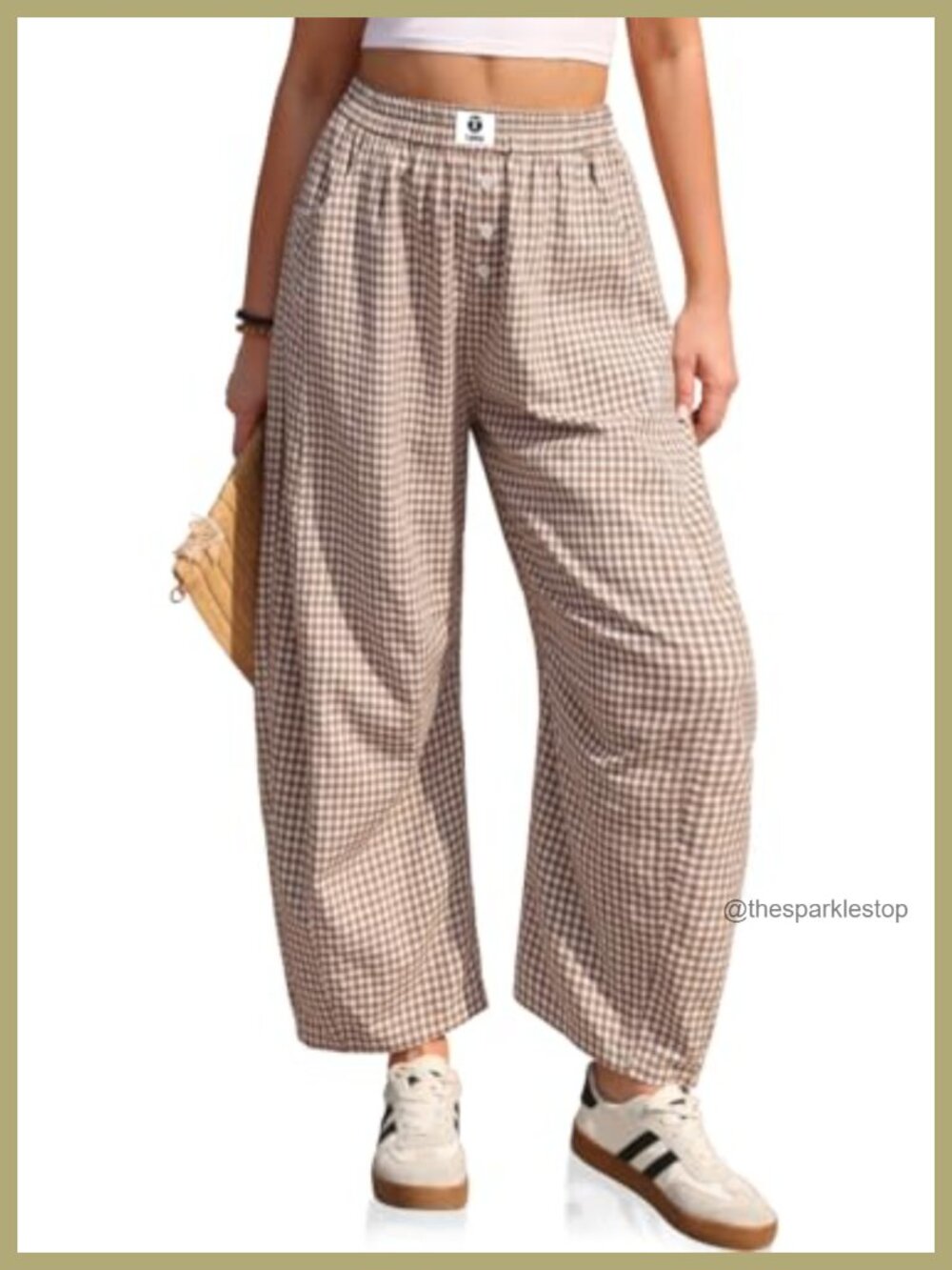 Linen-Blend Gingham Barrel Pants Wide Leg Casual Trousers